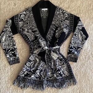 Small Sioni Black and White Paisley Cardigan with Fringe